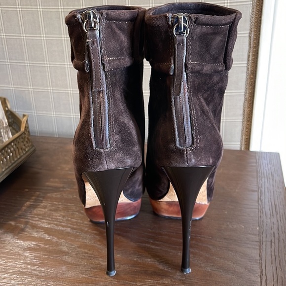 L.A.M.B. Dark Brown Suede and Leather High Stiletto Heel Platform Booties, 8 - Picture 3 of 13